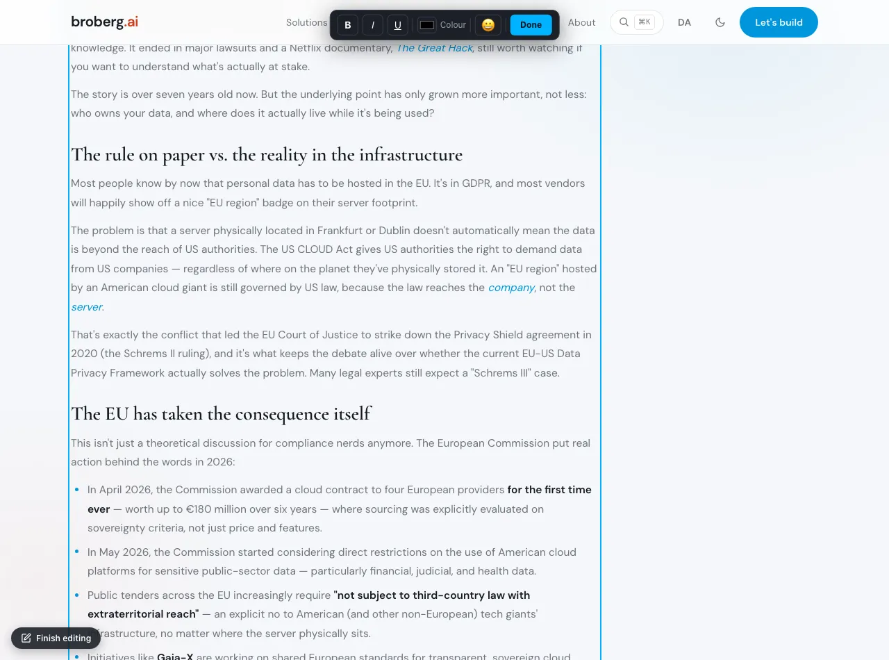 An article being edited inline with a rich-text toolbar
