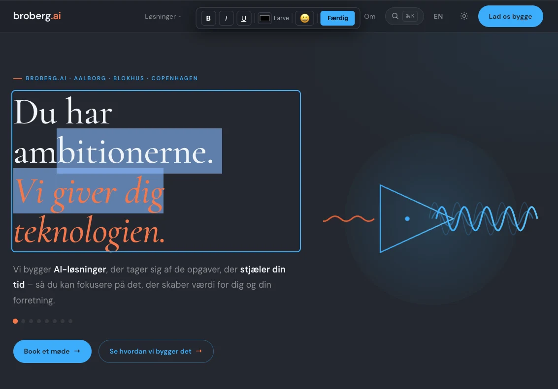 Forsidens overskrift bliver redigeret direkte på det live website