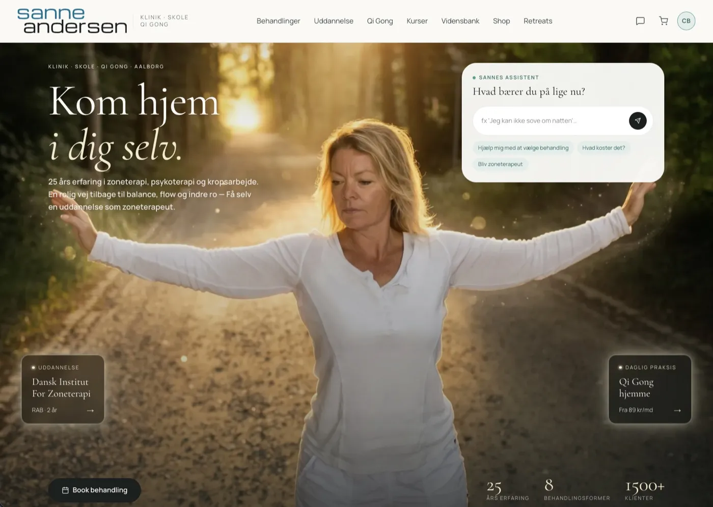 Sanne Andersens forside: klinik, skole, Qi Gong, shop og AI-guide samlet på én platform